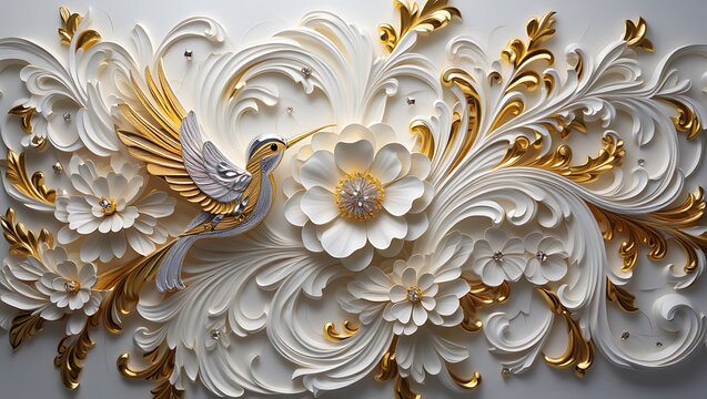 Majestic 3D white floral relief with a detailed silver and gold hummingbird and ornate golden foliage on an elegant background.