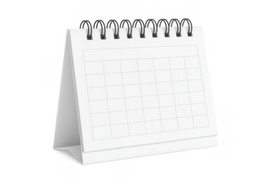 Blank desktop calendar with spiral binding standing on transparent background, ready for customization