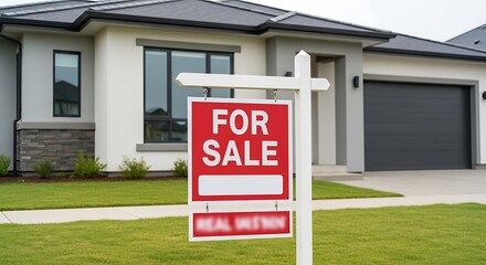Fototapeta premium Modern house for sale sign in front of a contemporary home.