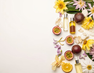 Flat lay of beauty oils, passion fruits, exotic flowers. Tropical arrangement includes cosmetic serums, elixirs for skin care routine. Organic ingredients offer luxurious hydration, nourishment for