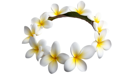 Floral lei made of white frangipani flowers with yellow tips