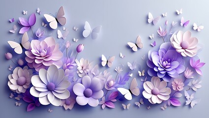 Ethereal 3D wallpaper featuring delicate lavender and white flowers with graceful butterflies on a soft purple background.