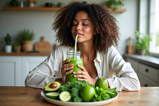 Portrait of a Happy Woman with a Fresh Green Juice
