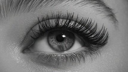 Fototapeta premium Black and white close-up of an eye with long, thick eyelashes, showcasing natural lash texture and elegant makeup details that highlight inherent beauty in every lash strand.