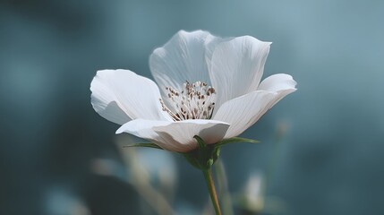 Obraz premium Close up of a single elegant white flower in full bloom with delicate petals and detailed stamens standing upright on a thin green stem against a soft blurred blue grey background