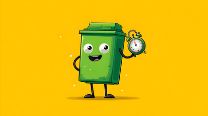Garbage Container Holding Clock on Yellow Background