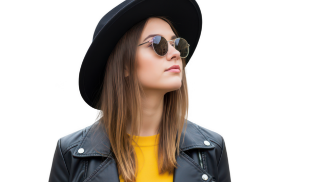 Young woman wearing a black hat and leather jacket isolated on transparent background