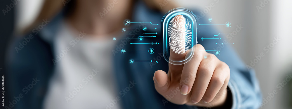Poster modern technology concept with fingerprint recognition and digital interface interaction