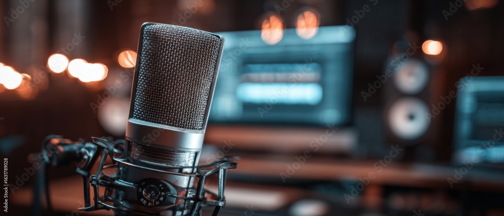 Poster the microphone captures sound in a stylish recording studio with ambient lighting.