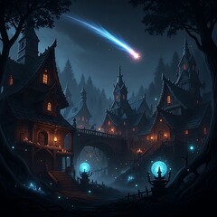 A mystical village at night, illuminated by glowing orbs and a shooting star.