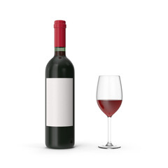 Red Wine Bottle with Blank Label and Filled Glass Isolated on Transparent Background