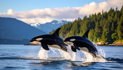 Fototapeta premium Two orcas leap playfully above the ocean surface, splashing water in a vibrant coastal marine setting under a bright blue sky. 