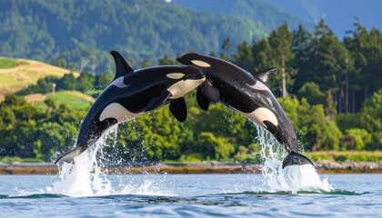 Obraz premium Two orcas leap playfully above the ocean surface, splashing water in a vibrant coastal marine setting under a bright blue sky. 