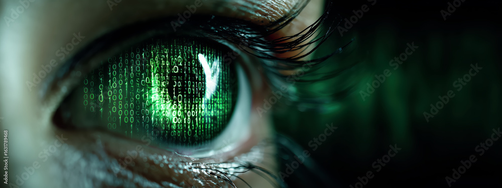 Poster eye with green binary code reflection and digital aesthetic representing technology and data