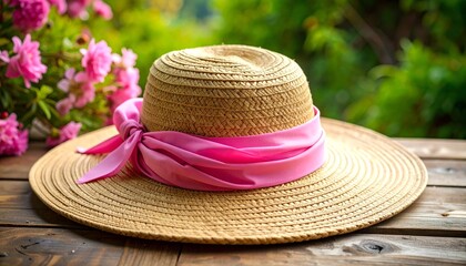 Straw hat with pink scarf on rustic wooden surface