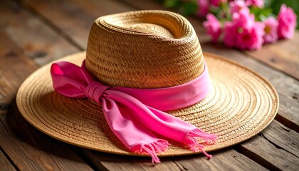 Straw hat with pink scarf on rustic wooden surface