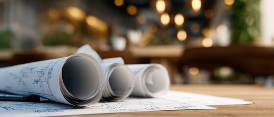 The detailed blueprints and plans rolled on a wooden table in a modern workspace