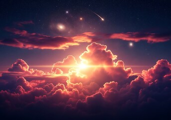 A vibrant sunset view through a layer of clouds.