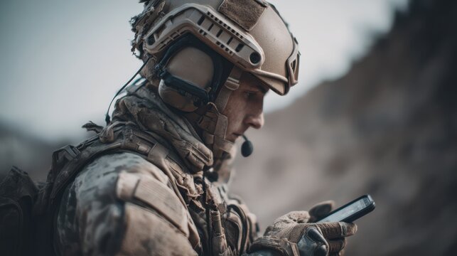 A soldier in camouflage gear is focused on using a smartphone in a challenging outdoor environment. The setting suggests a military operation requiring communication and alertness
