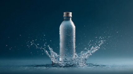 Refreshing Water Bottle with Splashing Liquid against Deep Blue Background