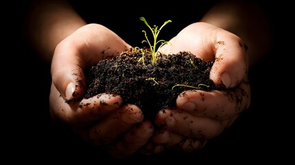 Cupped hands gently holding a young plant sprouting from nutrient rich soil representing the nurturing care and belief in the potential for new life and a promising future