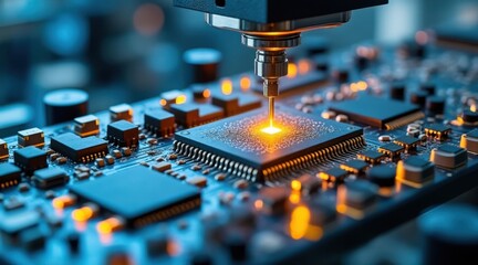 Advanced robotic arm precisely soldering a microchip on a circuit board