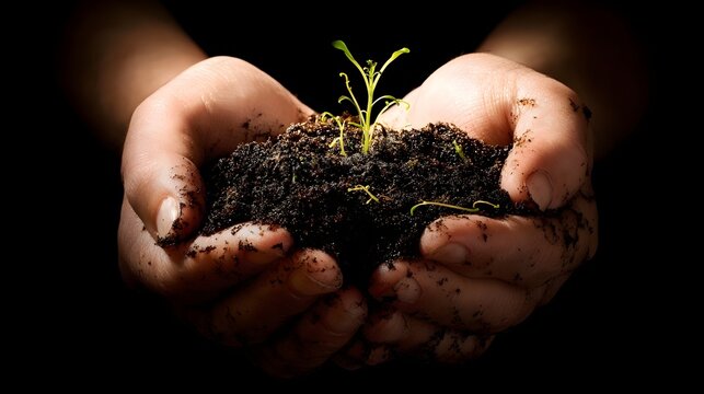 Cupped hands gently holding a young plant sprouting from nutrient rich soil representing the nurturing care and belief in the potential for new life and a promising future