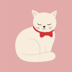 Elegant white cat with closed eyes and red bow tie. Cute, peaceful feline character perfect for decor, cards, or kids designs. Minimal flat style vector illustration isolated on pink background.