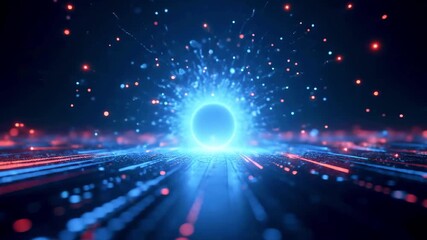 Vibrant blue energy sphere emitting sparks and light rays in a dark, cosmic background - Powered by Adobe