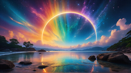 allure of a firmament bedecked with a complete and vibrant arc of refracted light, displaying a celestial tapestry of luminous hues and evoking an ethereal spellbinding