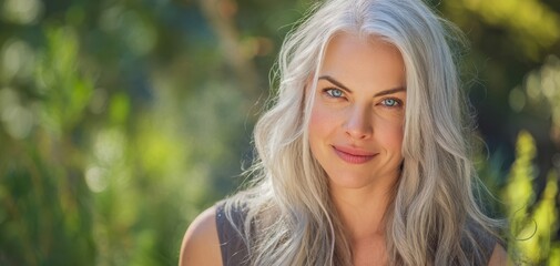 Naklejka premium The beautiful woman with elegant gray hair and captivating blue eyes.