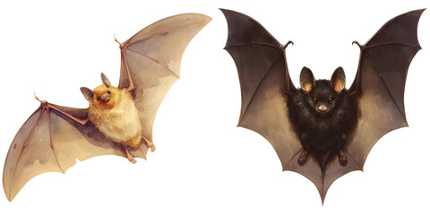 Two bats are depicted in flight, showcasing distinct colors and features, with one having a light fur coat and the other a dark fur coat.