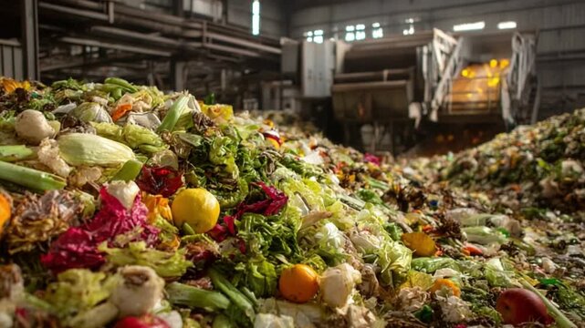 Decomposition in Progress: An overhead view showcases a colossal pile of organic waste in an industrial setting, ripe with decaying fruits, vegetables, and greenery.