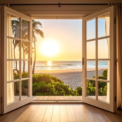 Sunrise view through open French doors onto a sandy beach and ocean, palm trees visible (1)