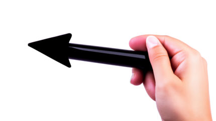 Hand holding a black arrow pointing left on a transparent background