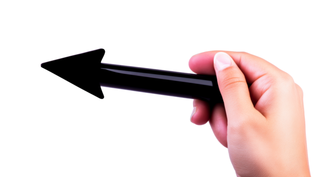 Hand holding a black arrow pointing left on a transparent background