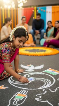 An Indian child in traditional Indian attire draws trisula and freedom symbols on the pavement on India's Independence Day India