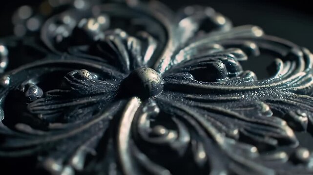 Detailed Macro Video of a Silver Ornate Floral Design on a Dark Background
