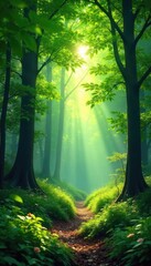 Naklejka premium Dappled Sunlight Filtering Through Lush Green Forest Canopy Tranquil Nature Scene