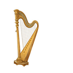 Ornate golden harp with strings isolated on a transparent background musical instrument