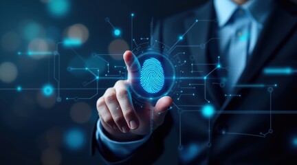 Businessman touches glowing blue fingerprint for digital security and authentication