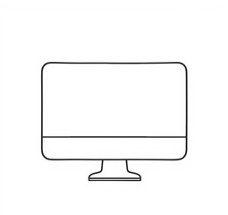Minimalist line art illustration of a desktop computer monitor on a white background. Simple, clean vector graphic of a screen with a stand. Modern technology icon, digital device symbol. Single objec