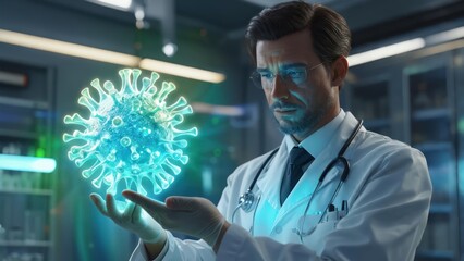 Scientist examines a 3D virus model