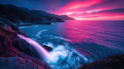 Fototapeta premium Coastal waterfall meets ocean at vibrant sunset