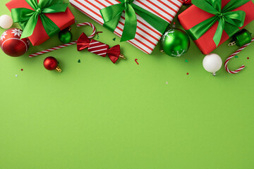 Festive holiday arrangement including bright gifts with green ribbons, ornaments, and candy canes