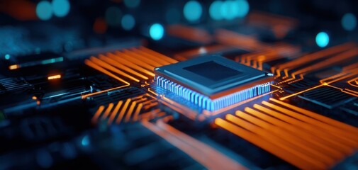 The vibrant microchip glowing in a sophisticated circuit board design.