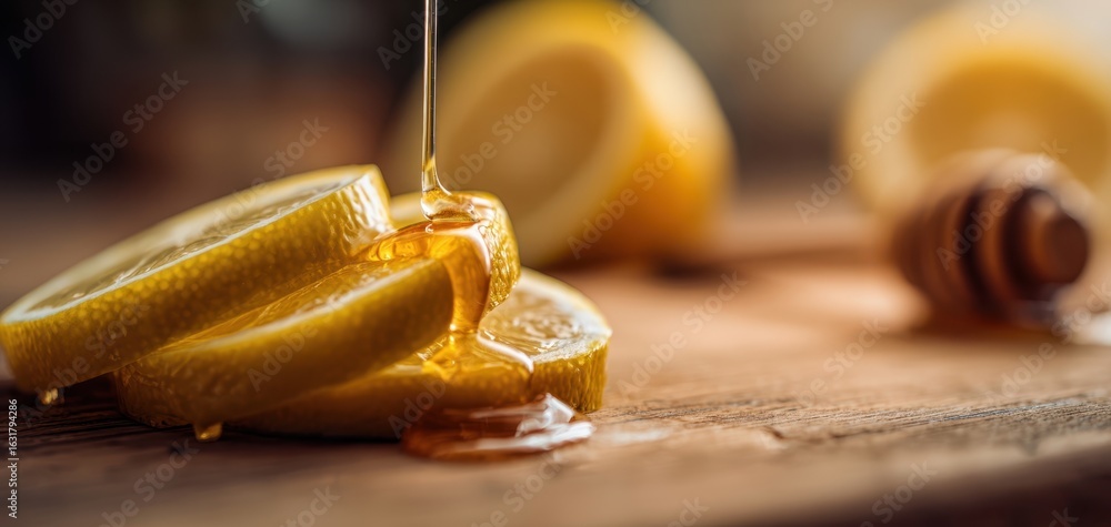 Poster the refreshing combination of lemon slices drizzled with golden honey.