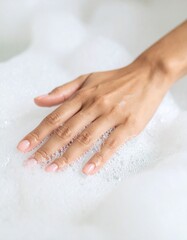 Naklejka premium Soft hand submerged in bubbly, foamy water