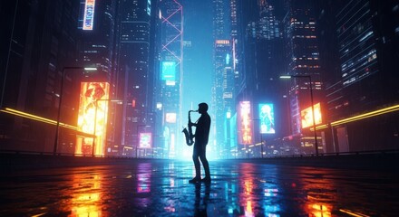 A lone saxophone player performs in a futuristic cyberpunk city at night creating a vibrant and energetic atmosphere