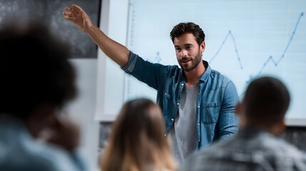 Teacher explaining data analysis to audience using projector screen